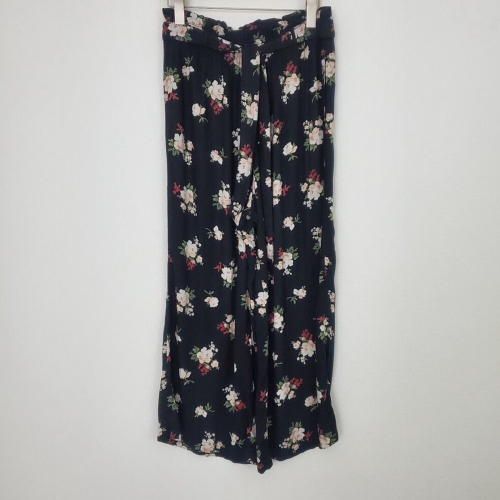 Hollister Women's Pants Large Black Wide Leg Flowy Floral Tie Belt Spring